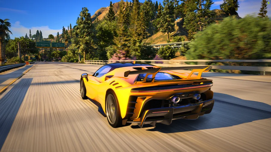 Realistic FiveM graphics pack preview with yellow sports car on a forest road
